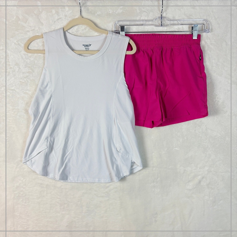 Old Navy Active Tank and Shorts Kids XL 14-16 White Pink Excellent Sporty Set